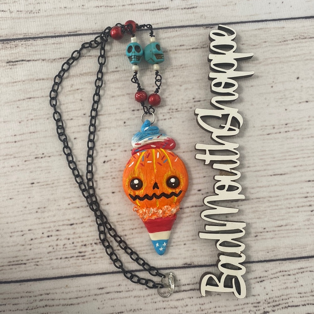 *Spookshow Babe Designs Eye Scream Pumpkin Cone July 4th Art Necklace
